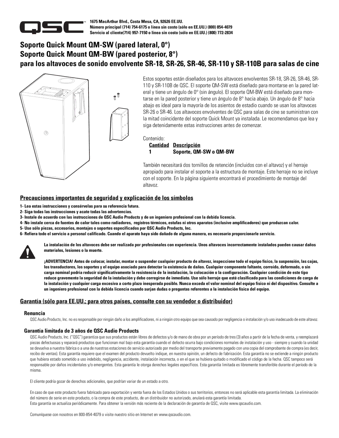 QSC Audio SR-110 warranty Contenido Cantidad Descripción, Renuncia, Garantía limitada de 3 años de QSC Audio Products 