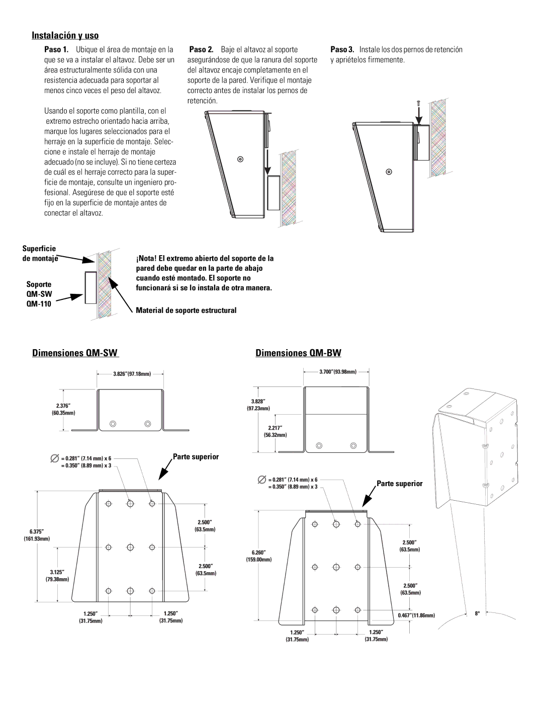 QSC Audio SR-110 warranty Instalación y uso, Dimensiones QM-SW Dimensiones QM-BW 