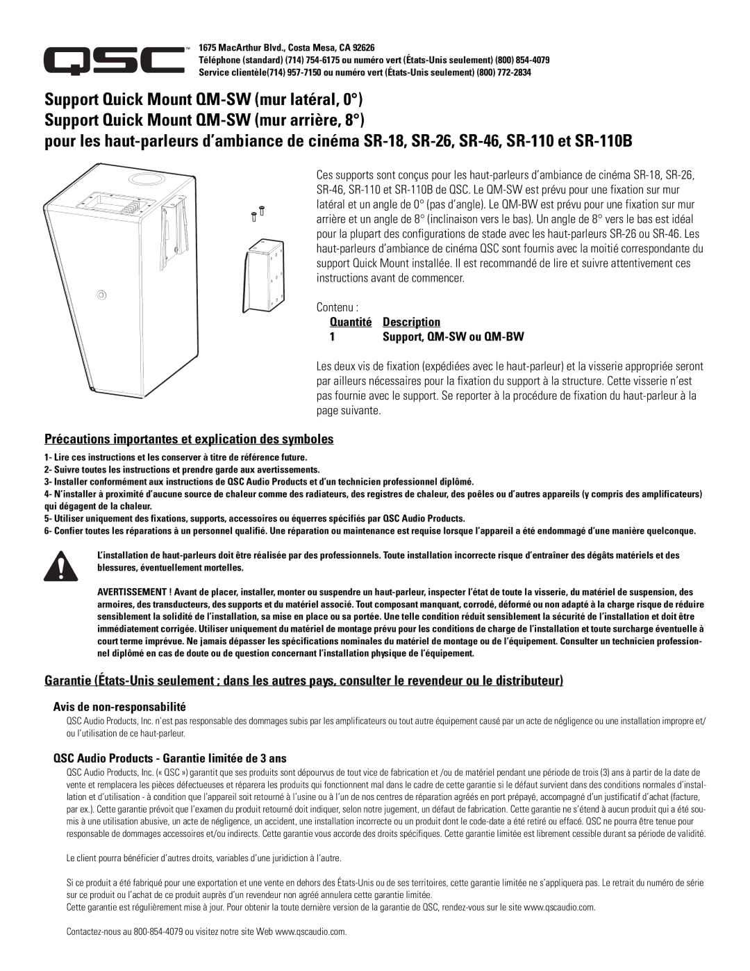 QSC Audio SR-110 warranty Précautions importantes et explication des symboles, Contenu Quantité Description 