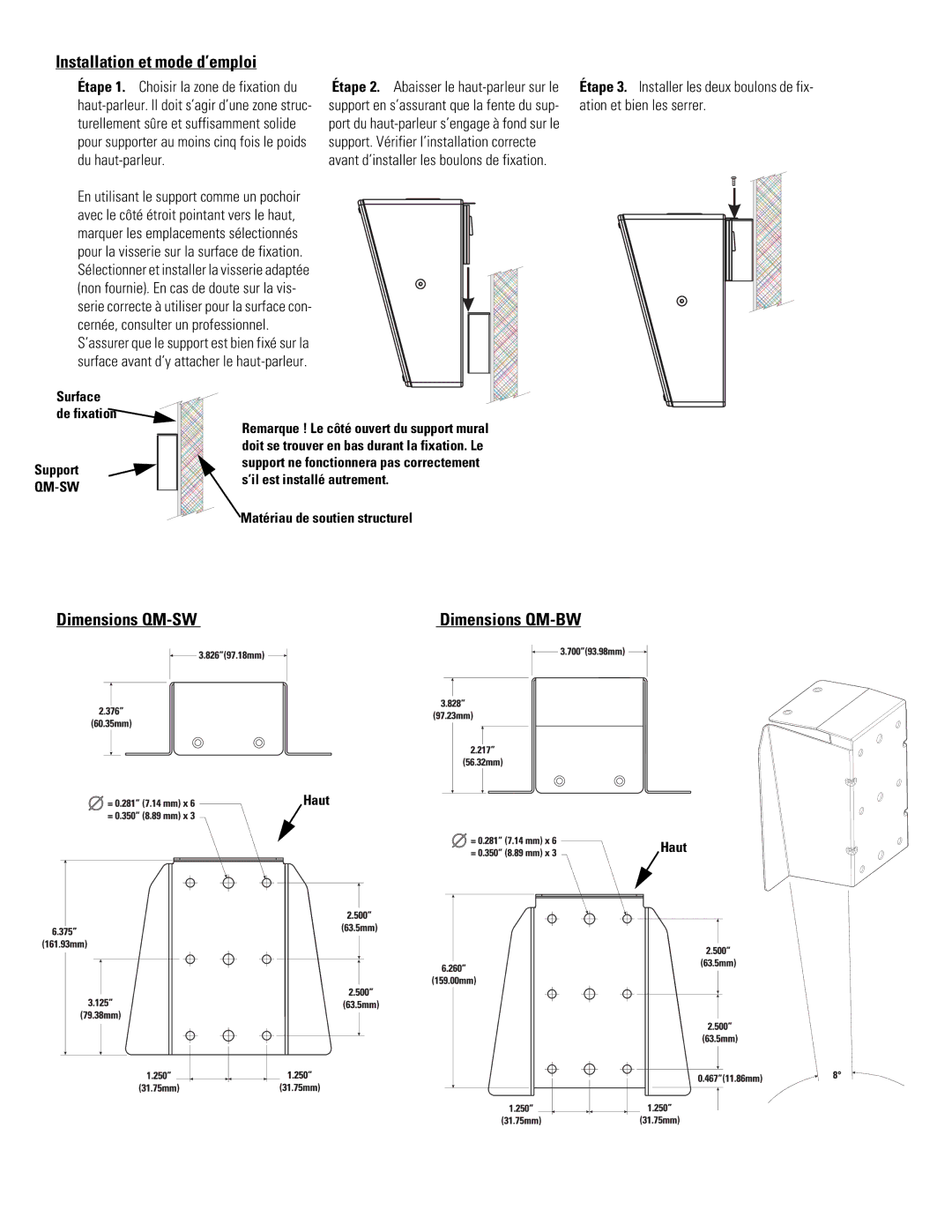 QSC Audio SR-110 warranty Installation et mode d’emploi, Support, Matériau de soutien structurel, Haut, Surface de fixation 