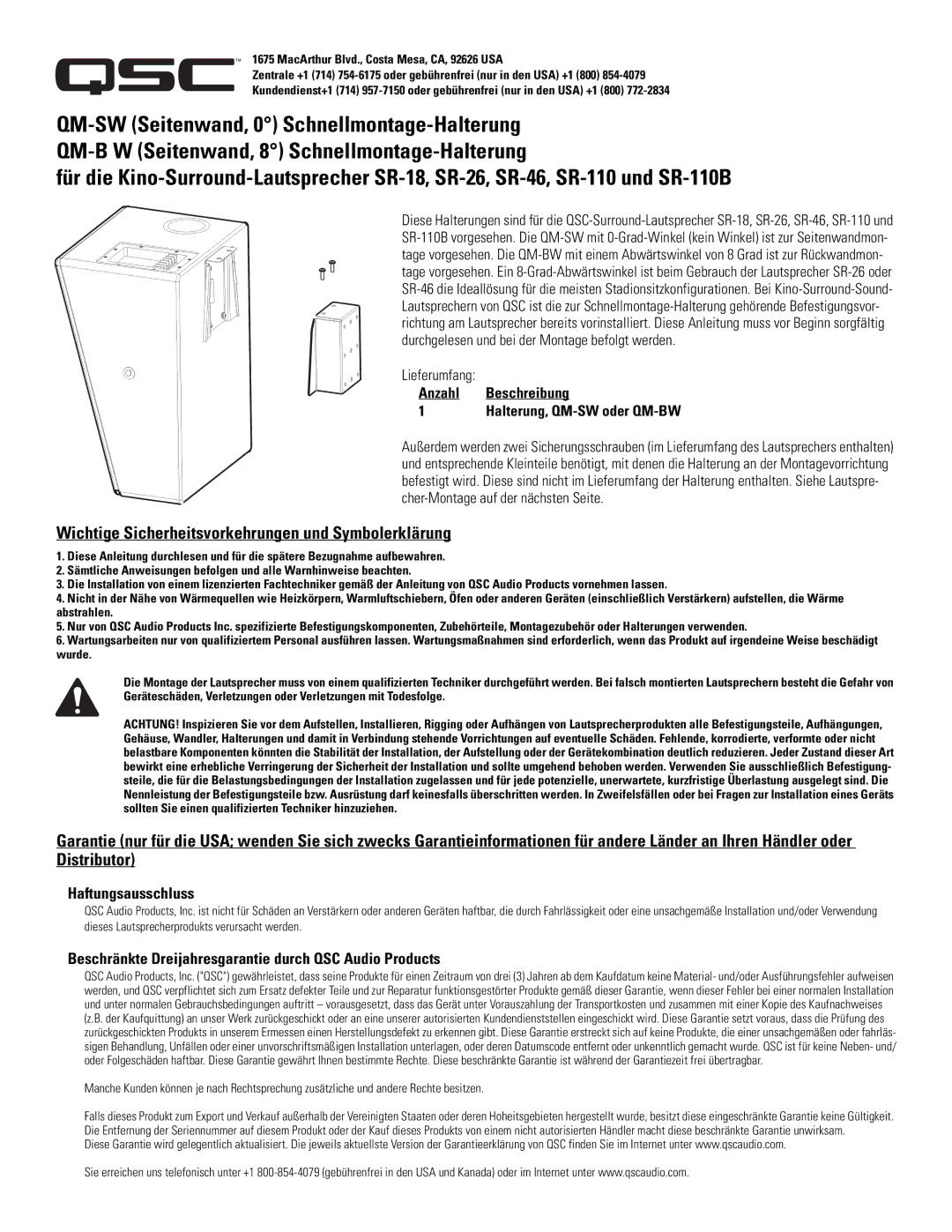 QSC Audio SR-110 warranty Wichtige Sicherheitsvorkehrungen und Symbolerklärung, Anzahl Beschreibung, Haftungsausschluss 