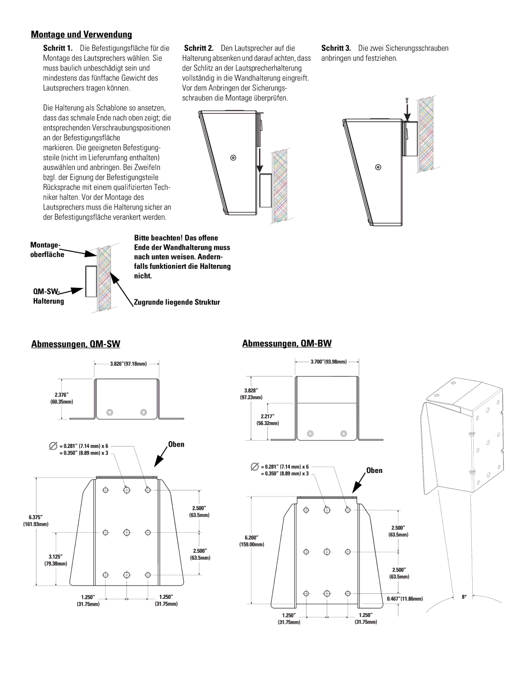 QSC Audio SR-110 warranty Montage und Verwendung, Abmessungen, QM-SW Abmessungen, QM-BW, Oben, QM-SW- Halterung 