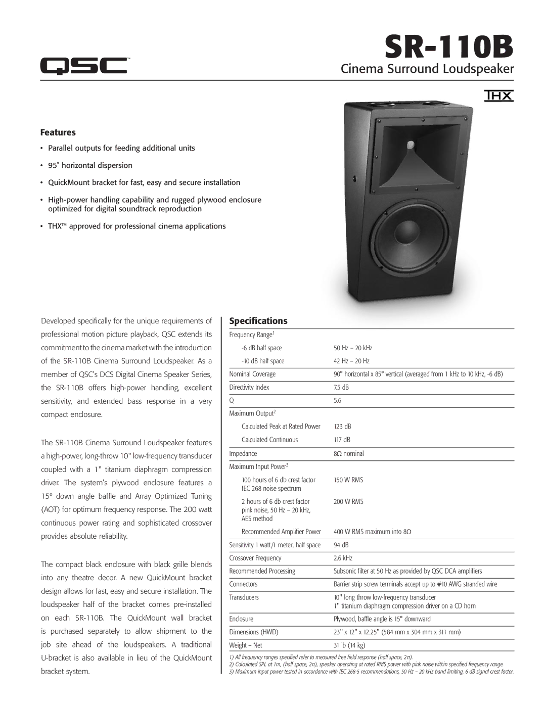 QSC Audio SR-110B specifications Cinema Surround Loudspeaker, Features, Specifications 