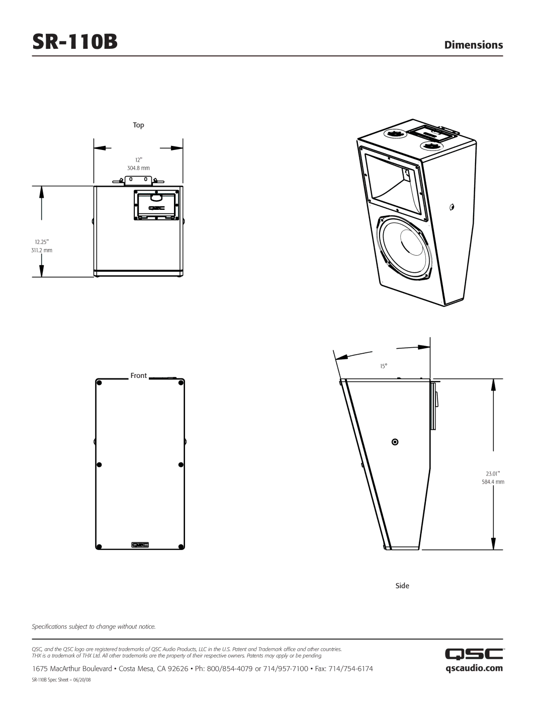 QSC Audio SR-110B specifications Dimensions, Qscaudio.com 