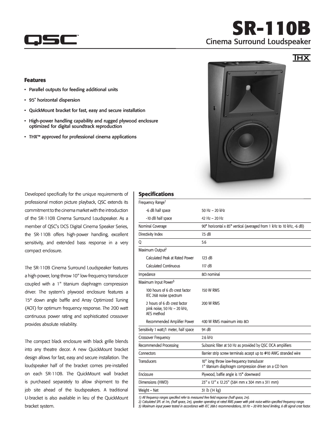 QSC Audio SR-110B specifications Features, Specifications, Cinema Surround Loudspeaker 