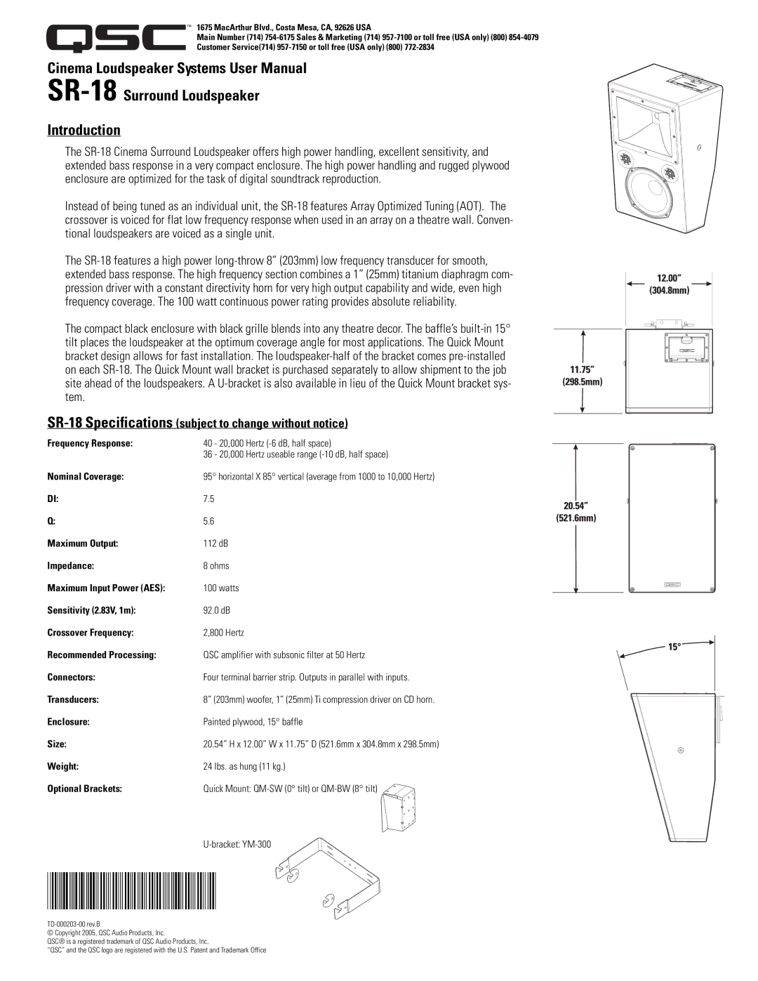 QSC Audio specifications SR-18Surround Loudspeaker Introduction, SR-18 Specifications subject to change without notice 