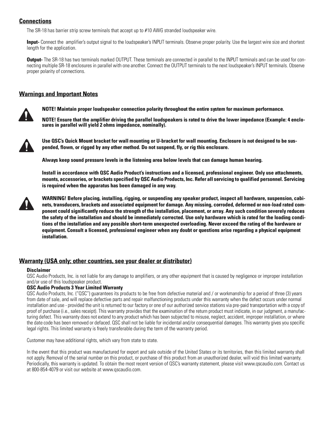 QSC Audio SR-18 specifications Connections, Disclaimer, QSC Audio Products 3 Year Limited Warranty 