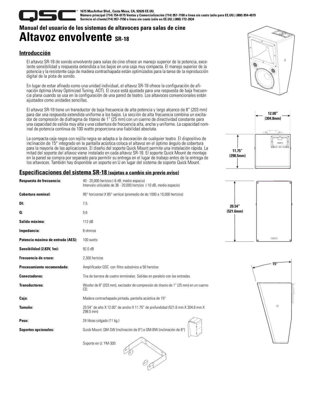 QSC Audio SR-18 specifications Introducción 