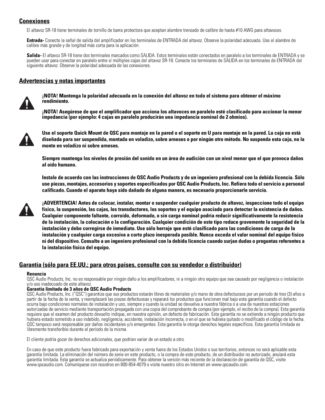 QSC Audio SR-18 Conexiones, Advertencias y notas importantes, Renuncia, Garantía limitada de 3 años de QSC Audio Products 