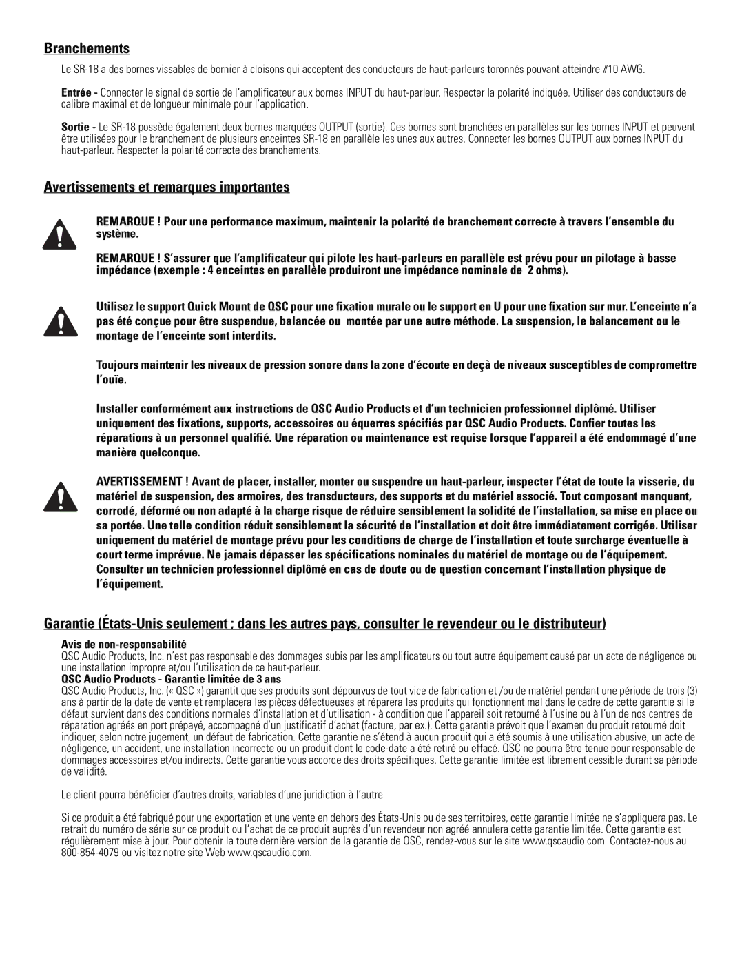 QSC Audio SR-18 specifications Branchements, Avertissements et remarques importantes, Avis de non-responsabilité 