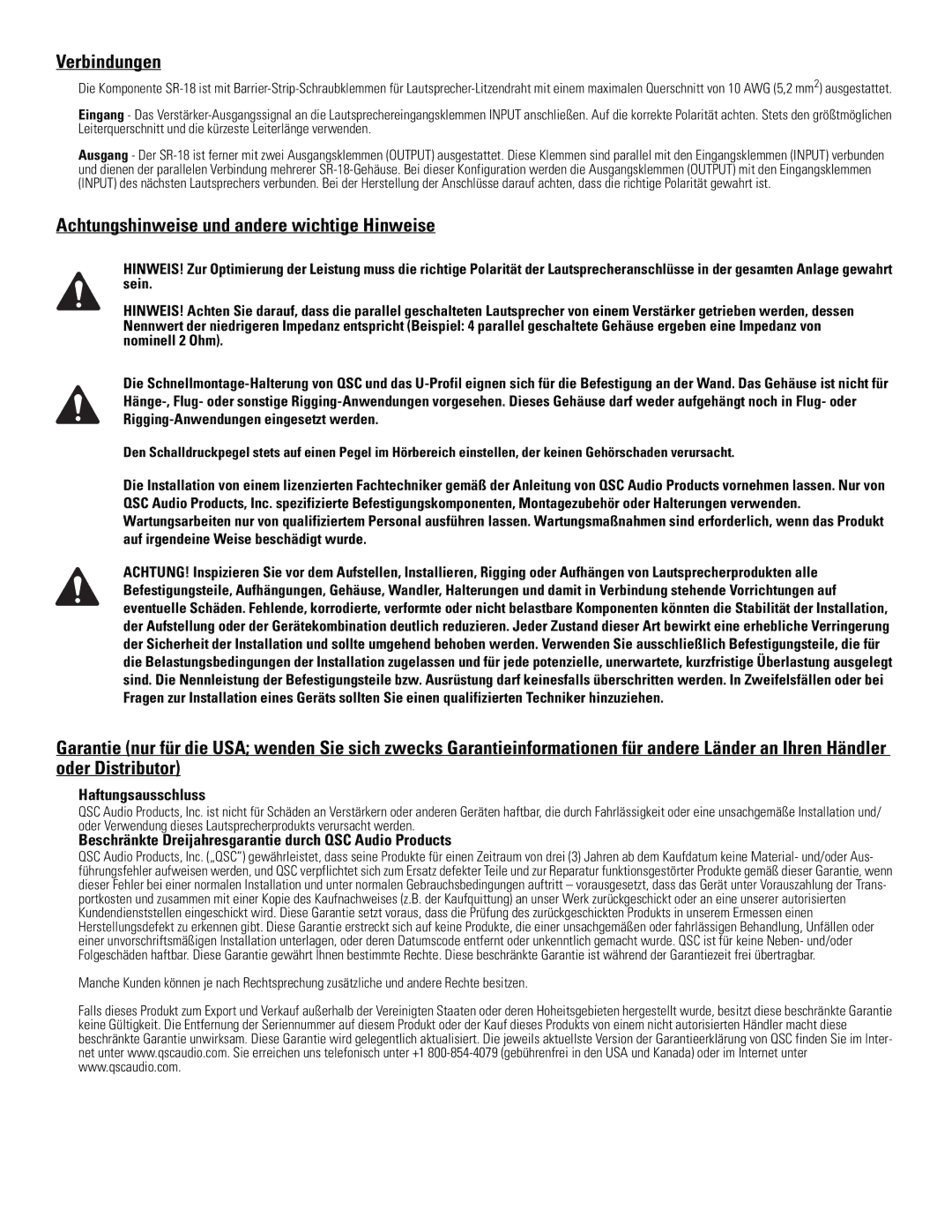 QSC Audio SR-18 specifications Verbindungen, Achtungshinweise und andere wichtige Hinweise, Haftungsausschluss 