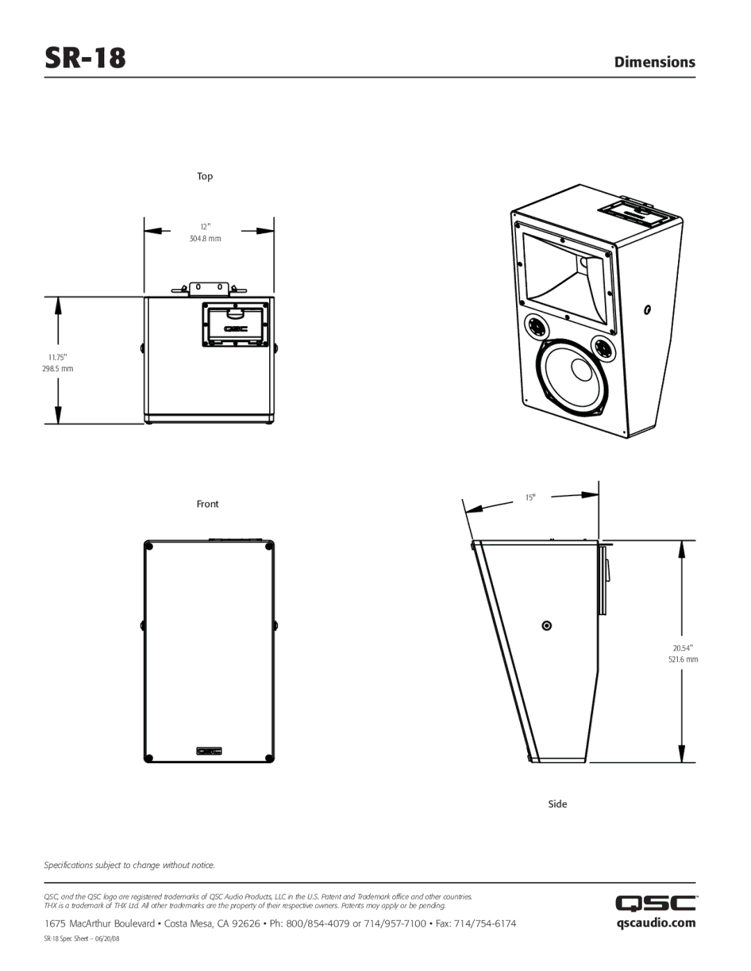 QSC Audio SR-18 specifications Dimensions, Qscaudio.com 