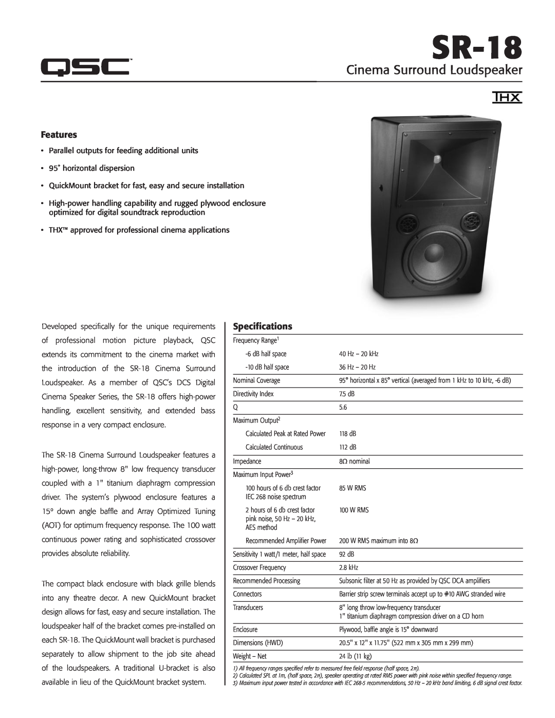 QSC Audio specifications Cinema Loudspeaker Systems User Manual, SR-18 Surround Loudspeaker Introduction, TD-000203-00 