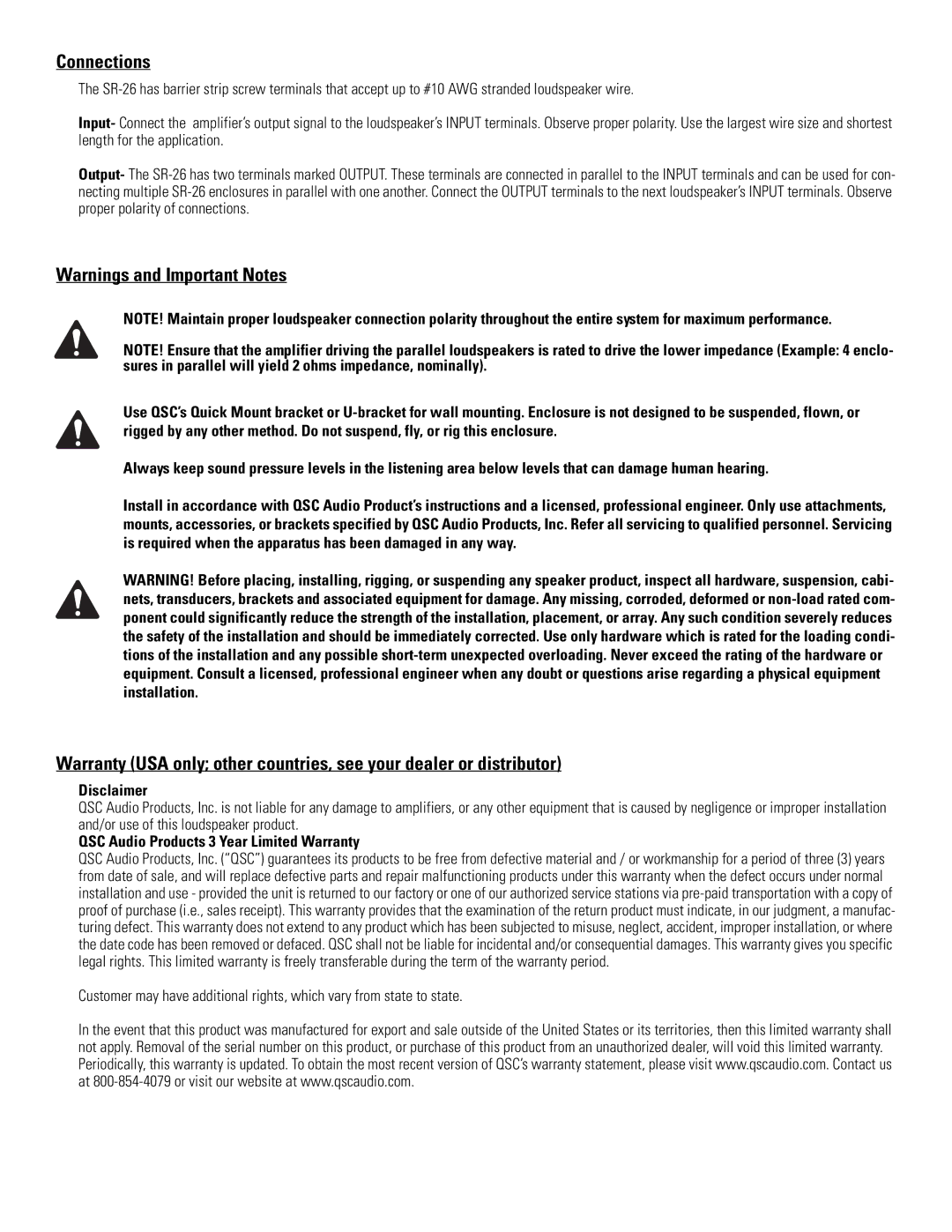 QSC Audio SR-26 specifications Connections, Disclaimer, QSC Audio Products 3 Year Limited Warranty 