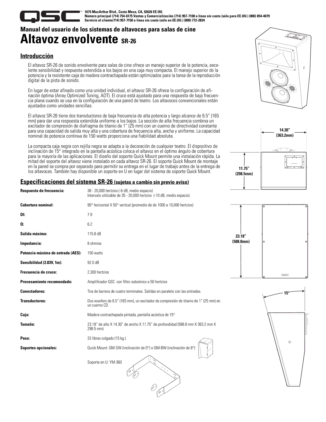 QSC Audio SR-26 specifications Introducción 