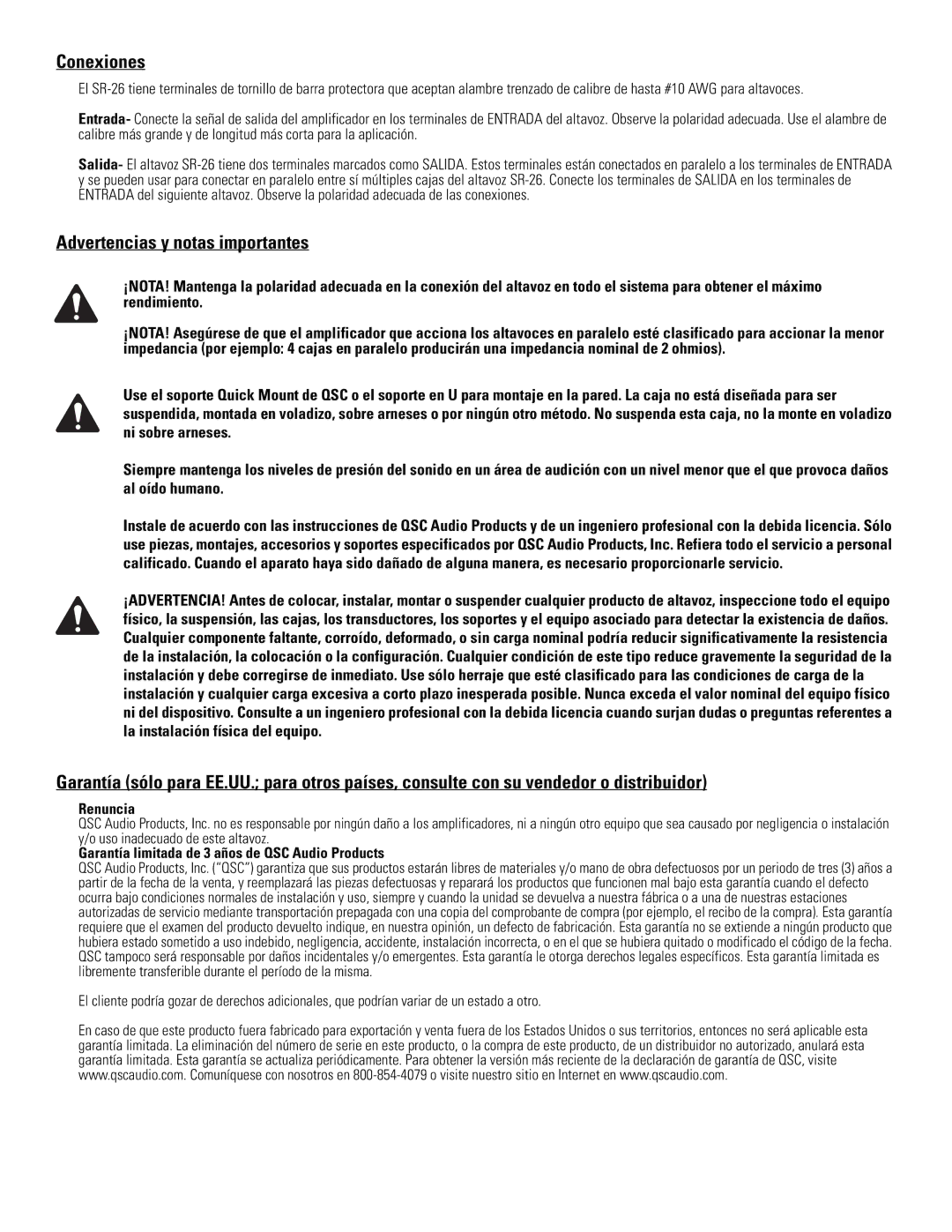 QSC Audio SR-26 Conexiones, Advertencias y notas importantes, Renuncia, Garantía limitada de 3 años de QSC Audio Products 