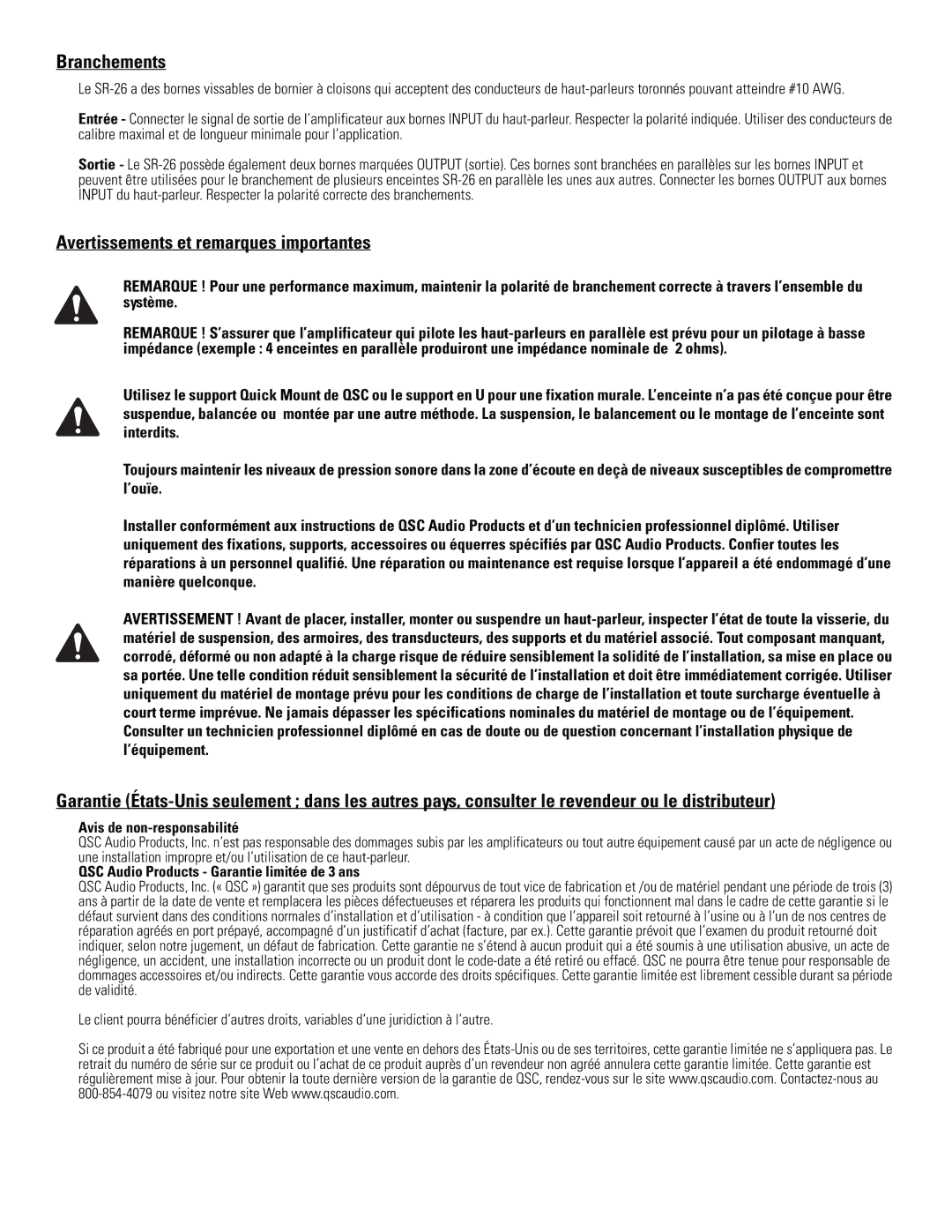 QSC Audio SR-26 specifications Branchements, Avertissements et remarques importantes, Avis de non-responsabilité 