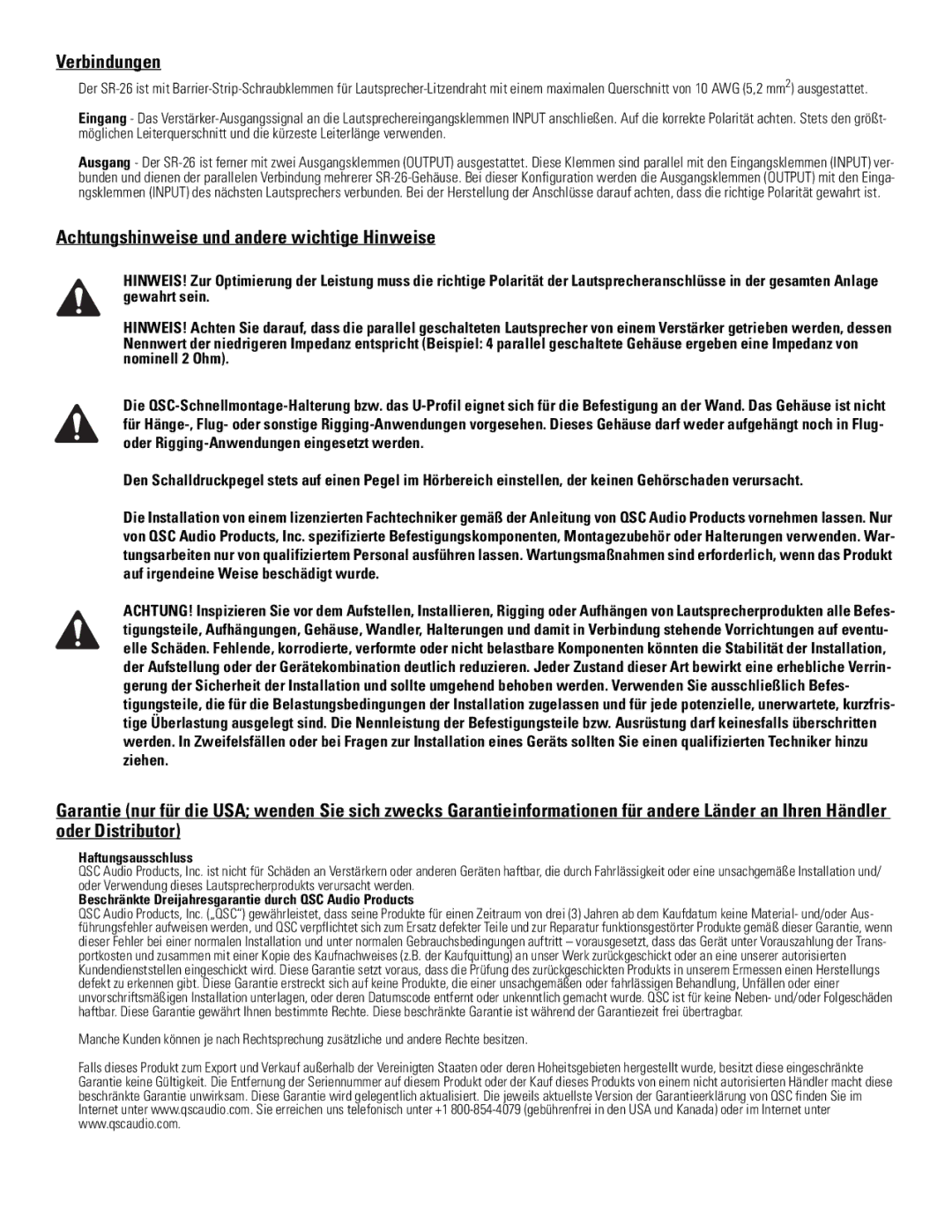 QSC Audio SR-26 specifications Verbindungen, Achtungshinweise und andere wichtige Hinweise 