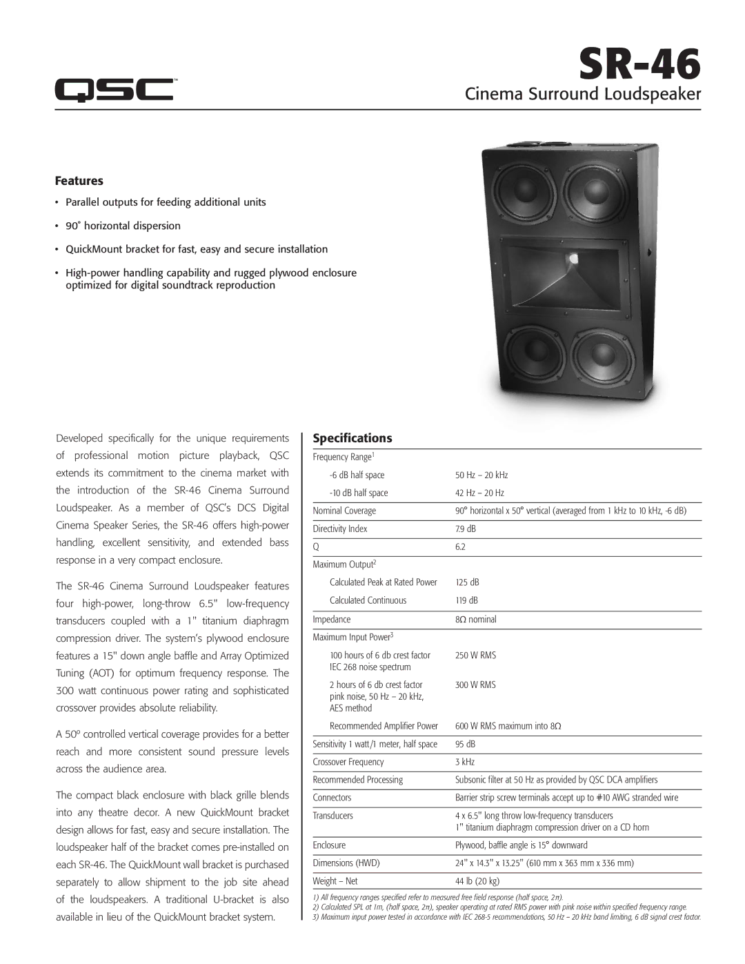 QSC Audio SR-46 specifications Cinema Surround Loudspeaker, Features, Specifications 