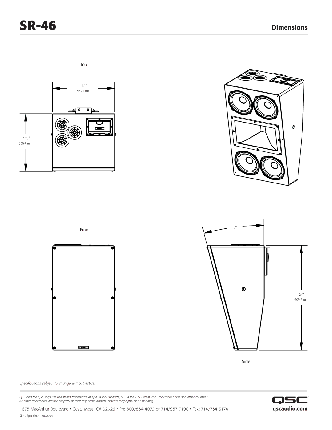 QSC Audio SR-46 specifications Dimensions, Qscaudio.com 