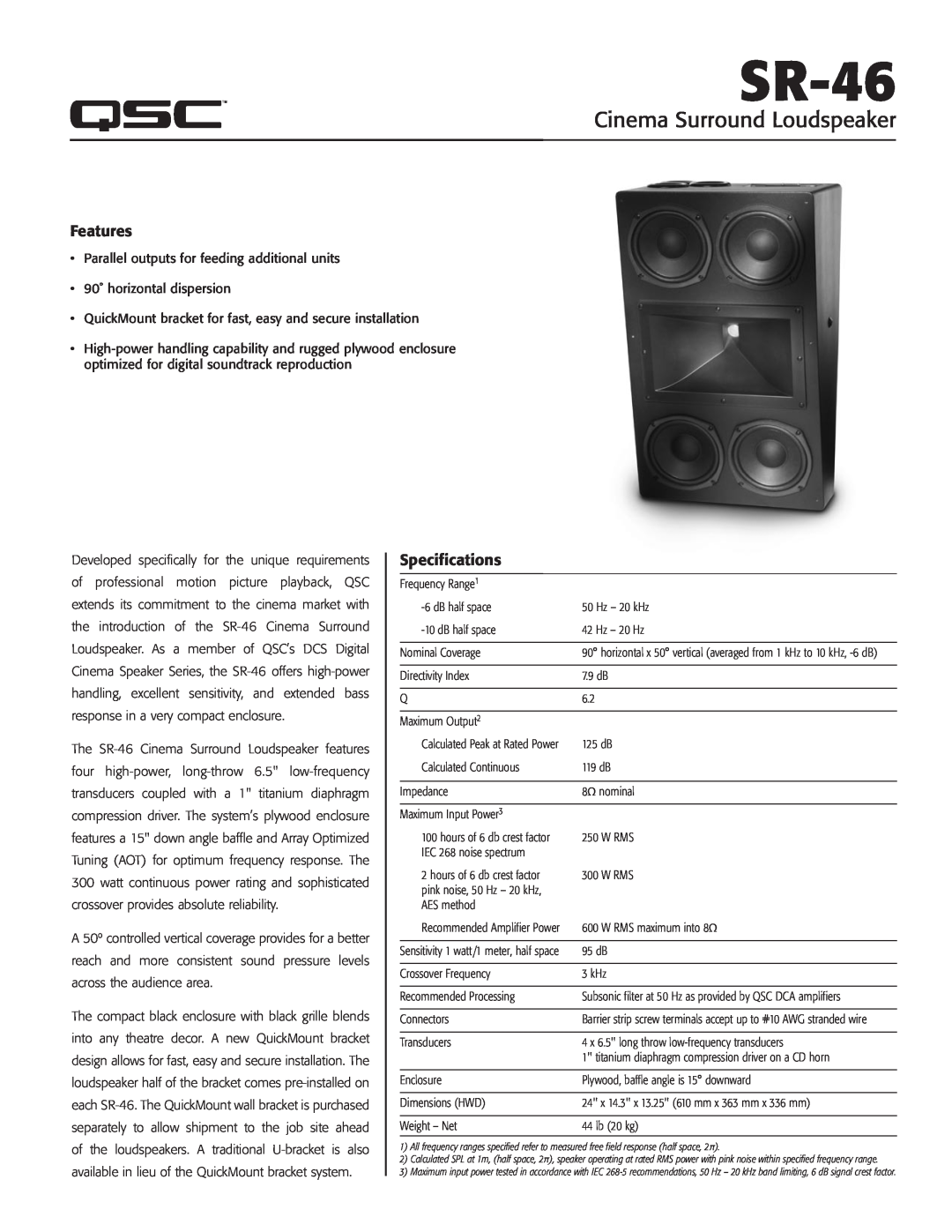 QSC Audio SR-46 specifications Features, Specifications, Cinema Surround Loudspeaker 