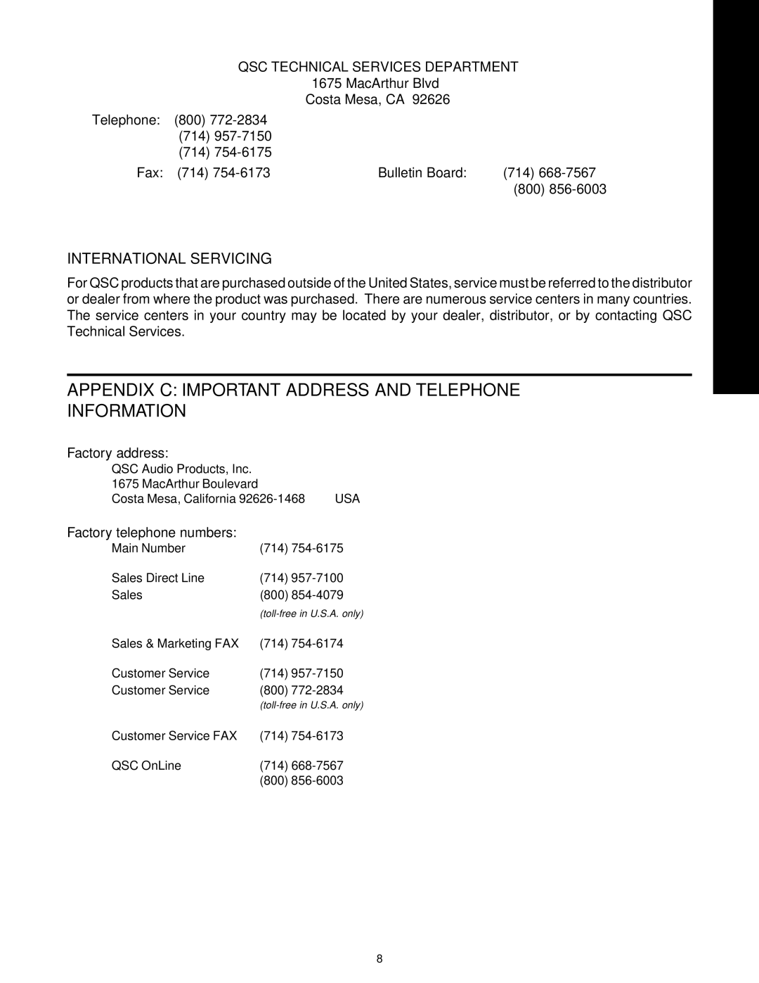 QSC Audio SUBWOOFER FILTER, SF-1 owner manual Appendix C Important Address and Telephone Information 