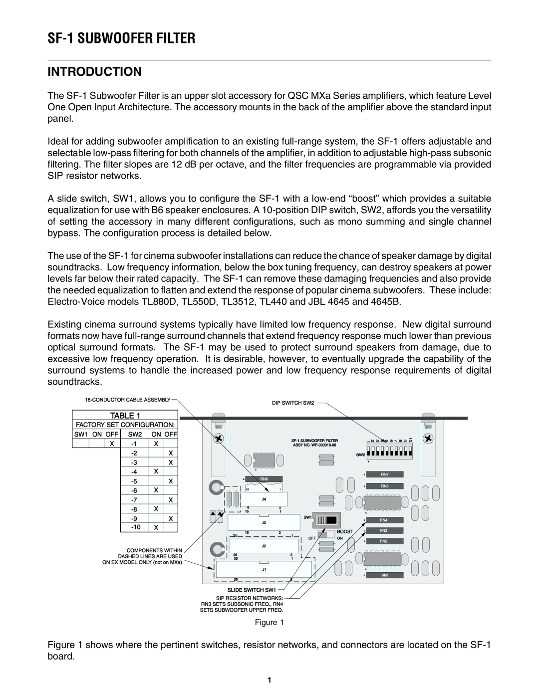 QSC Audio SUBWOOFER FILTER owner manual SF-1 Subwoofer Filter, Introduction 