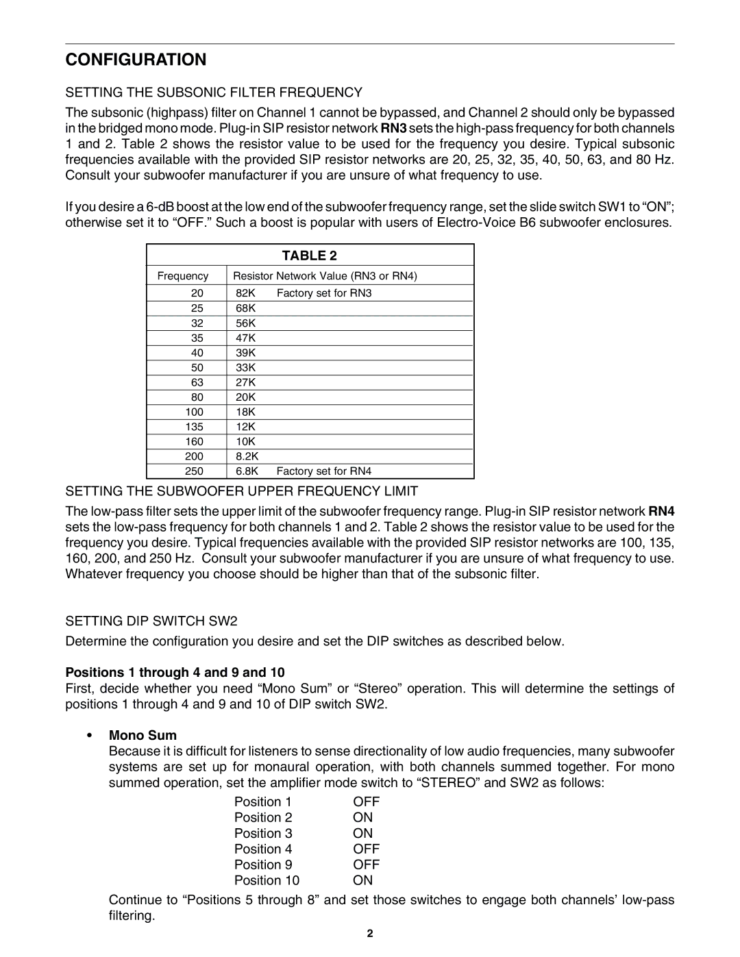 QSC Audio SUBWOOFER FILTER, SF-1 owner manual Configuration, Setting the Subsonic Filter Frequency 