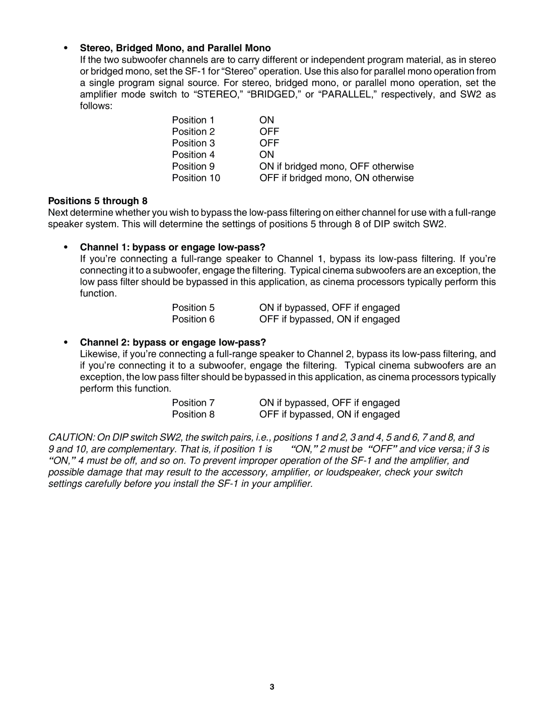 QSC Audio SF-1, SUBWOOFER FILTER owner manual Stereo, Bridged Mono, and Parallel Mono 