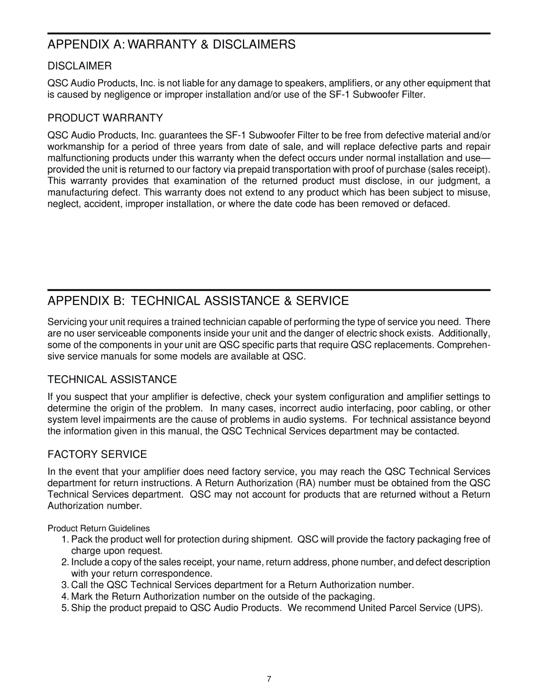 QSC Audio SF-1, SUBWOOFER FILTER owner manual Appendix a Warranty & Disclaimers 