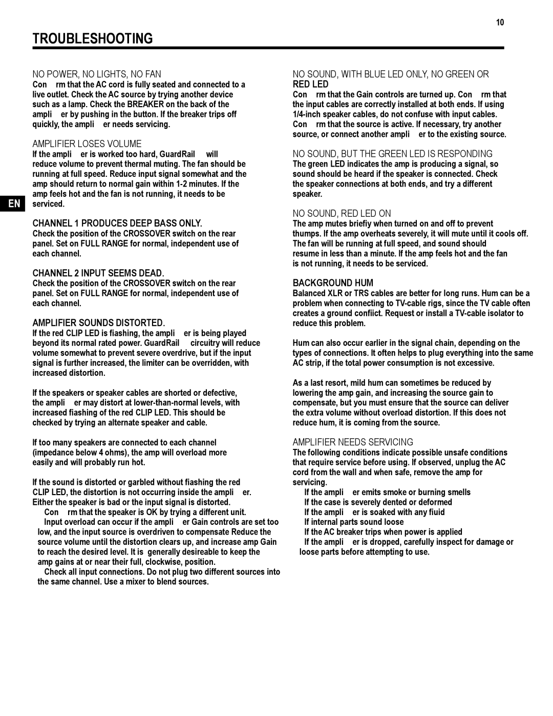 QSC Audio TD-000271-01 user manual Troubleshooting, No POWER, no LIGHTS, no FAN 