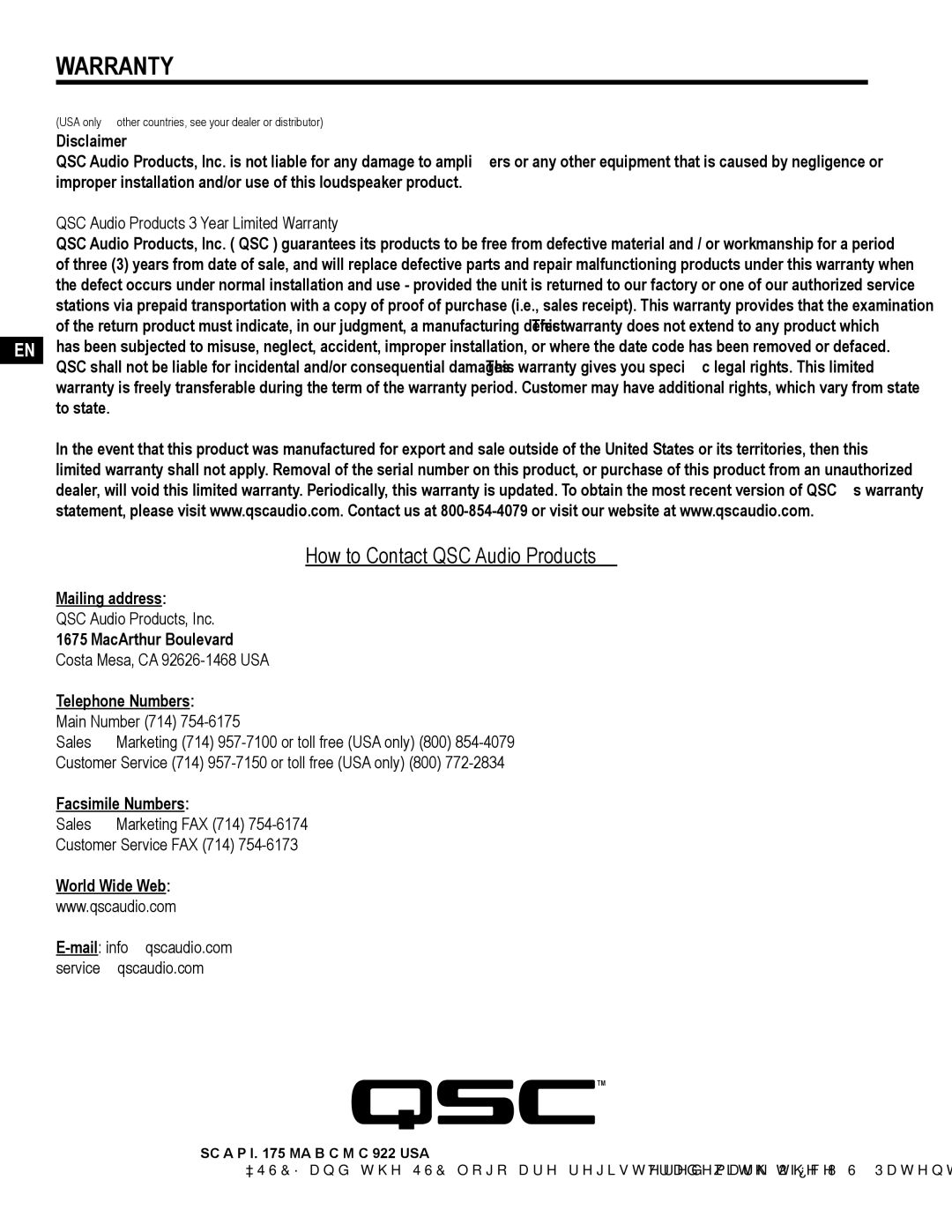 QSC Audio TD-000271-01 user manual Warranty, Disclaimer 