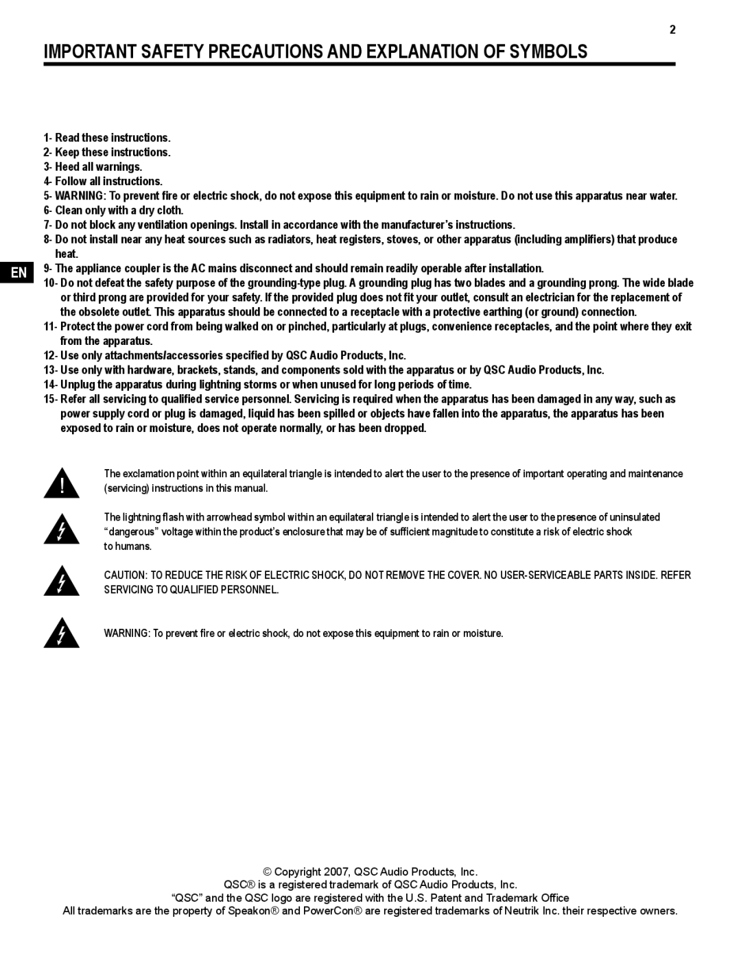 QSC Audio TD-000271-01 user manual Important Safety Precautions and Explanation of Symbols 