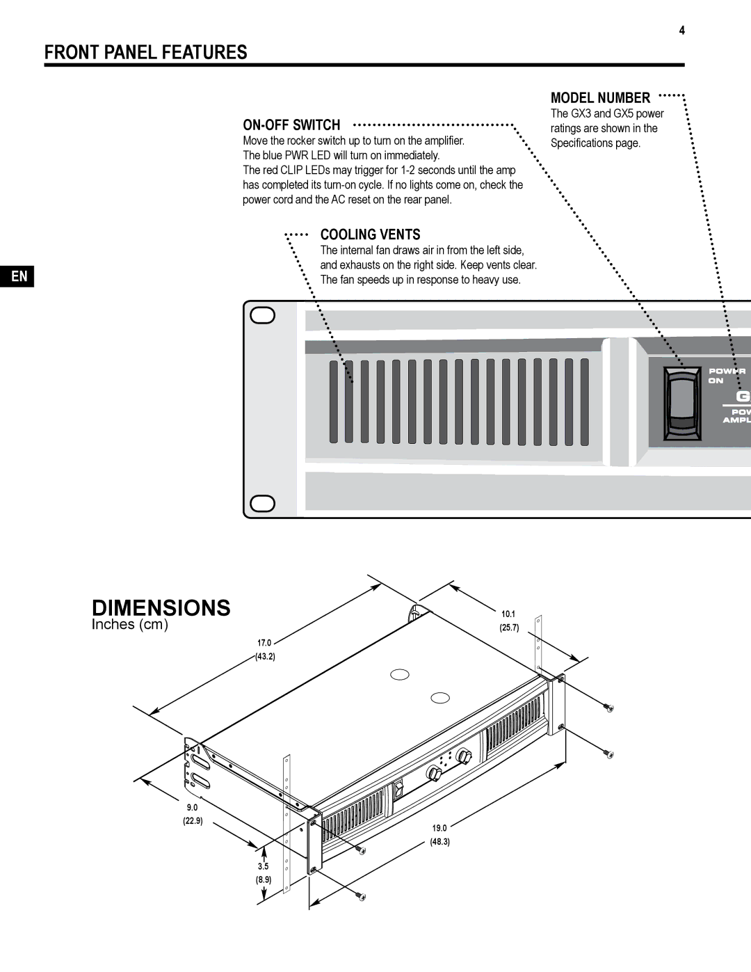 QSC Audio TD-000271-01 user manual Front Panel Features, ON-OFF Switch, Model Number, Cooling Vents 