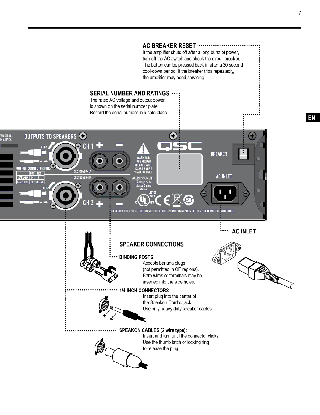 QSC Audio TD-000271-01 user manual AC Breaker Reset, AC Inlet Speaker Connections 