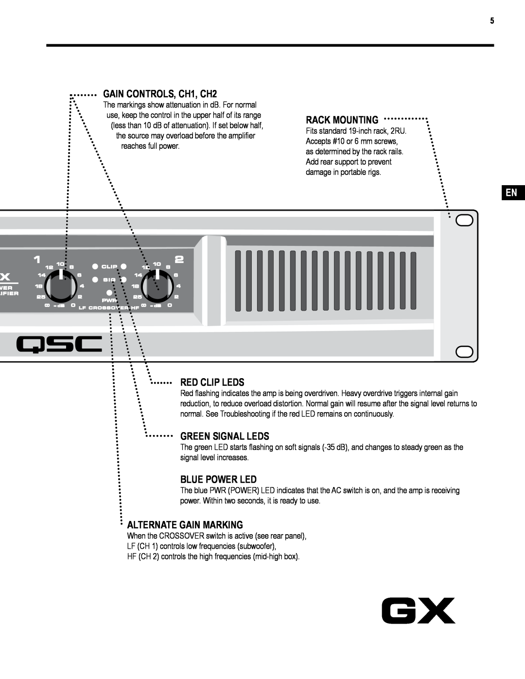 QSC Audio TD-000271-01 user manual GAIN CONTROLS, CH1, CH2, Rack Mounting, Red Clip Leds, Green Signal Leds, Blue Power Led 