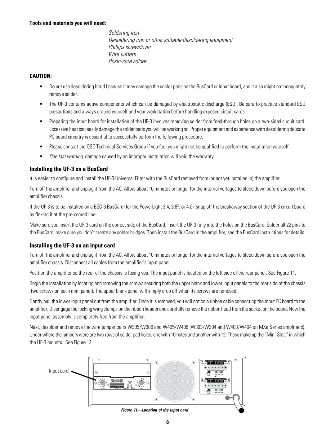 QSC Audio owner manual Installing the UF-3 on a BusCard, Installing the UF-3 on an input card 