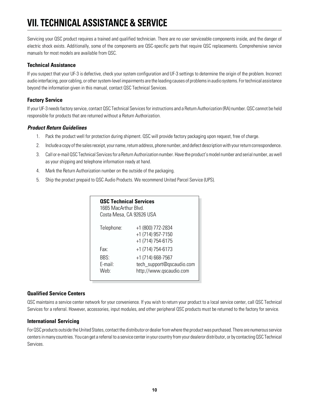 QSC Audio UF-3 owner manual VII. Technical Assistance & Service 