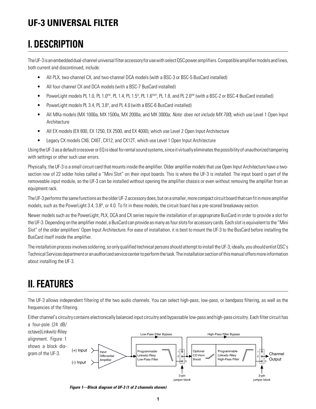 QSC Audio UF-3 owner manual Description, II. Features 