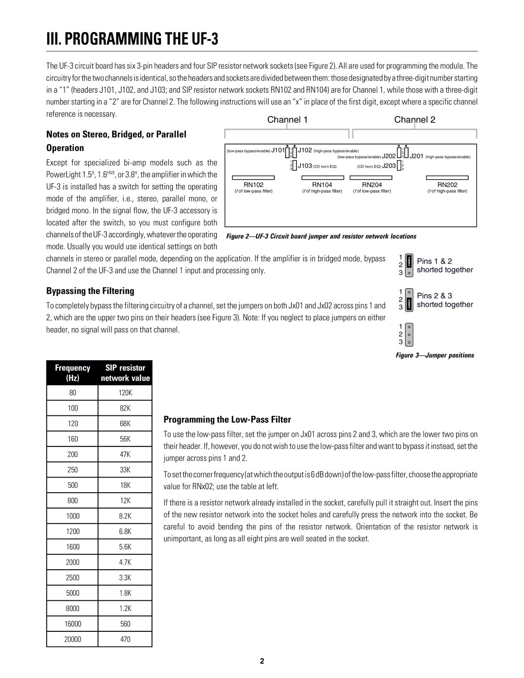 QSC Audio owner manual III. Programming the UF-3, Operation, Bypassing the Filtering, Programming the Low-Pass Filter 