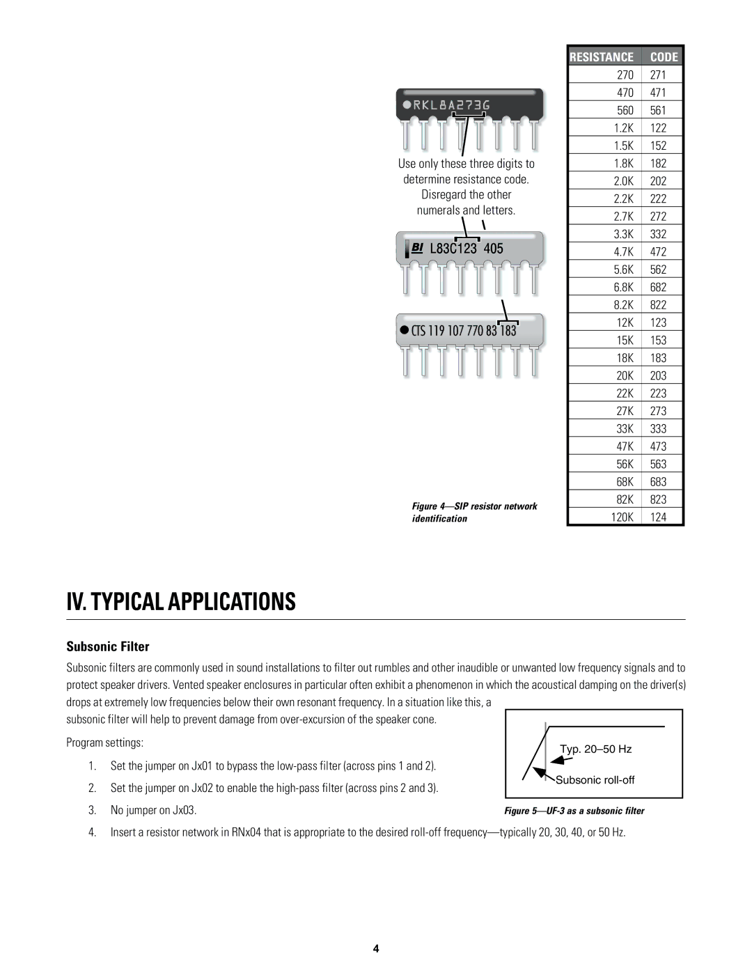 QSC Audio UF-3 owner manual IV. Typical Applications, Subsonic Filter 