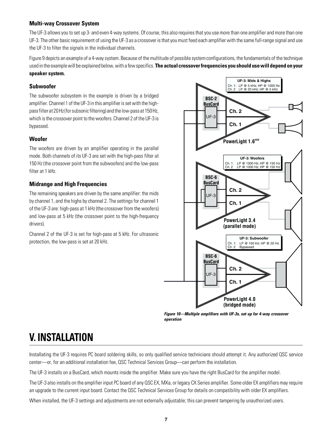 QSC Audio UF-3 owner manual Installation, Multi-way Crossover System, Subwoofer, Woofer, Midrange and High Frequencies 