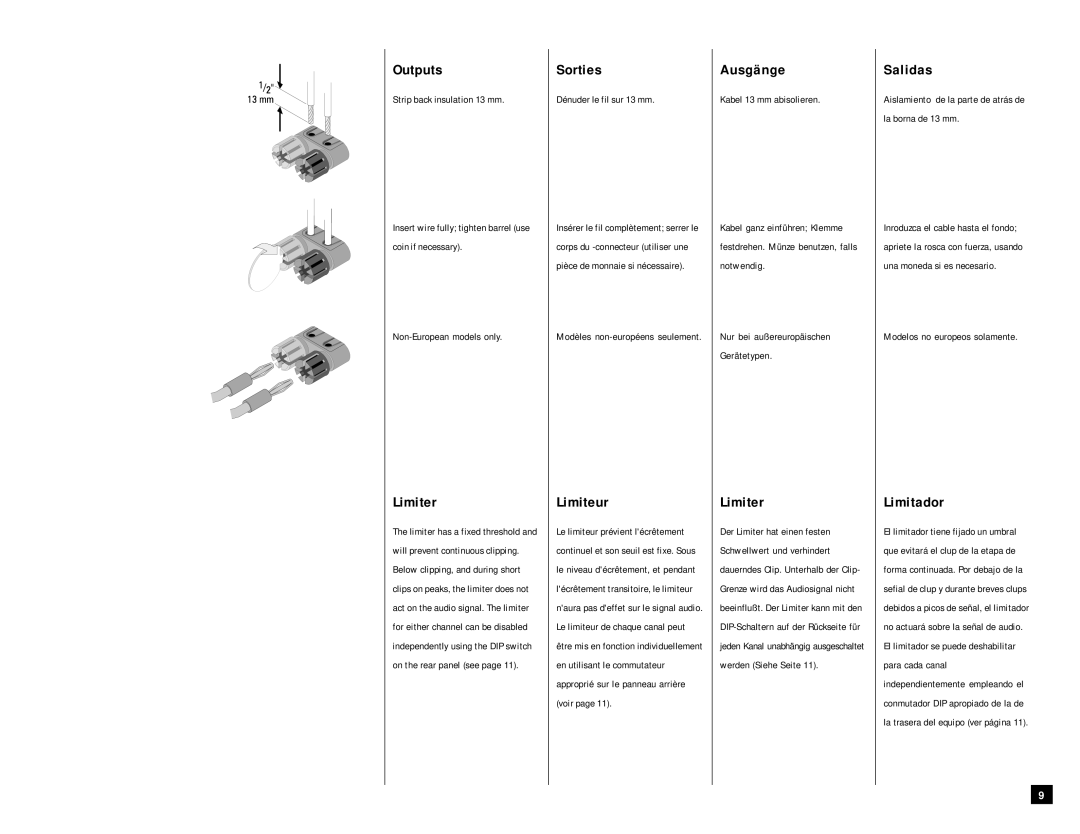 QSC Audio USA 1310, USA 900, USA 400 user manual Outputs, Limiter, Sorties, Limiteur, Ausgänge, Salidas, Limitador 