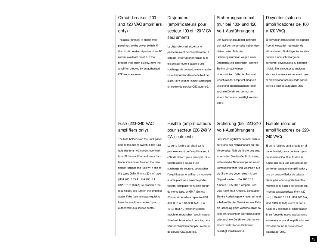 QSC Audio USA 400 Circuit breaker 120 VAC amplifiers Only, Fuse 220-240 VAC Amplifiers only, Fusible amplificateurs 