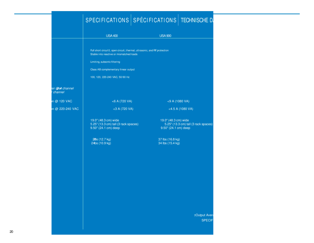 QSC Audio USA 900, USA 1310, USA 400 user manual Especificaciones, Usa 