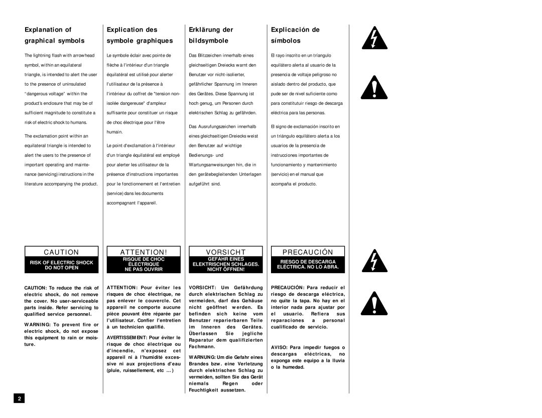 QSC Audio USA 900, USA 1310 Explanation Graphical symbols, Explication des Symbole graphiques, Erklärung der Bildsymbole 