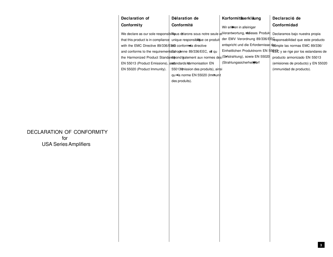 QSC Audio USA 1310 Declaration Conformity, Déclaration de Conformité, Korformitätserklärung, Declaración de Conformidad 