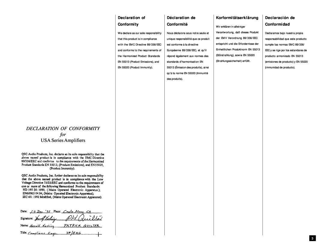 QSC Audio USA 1310 Declaration of Conformity, Déclaration de Conformité, Korformitätserklärung, Declaración de Conformidad 