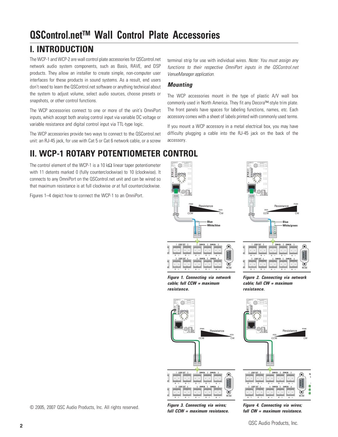 QSC Audio WCP-2 manual Introduction, II. WCP-1 Rotary Potentiometer Control, Mounting 