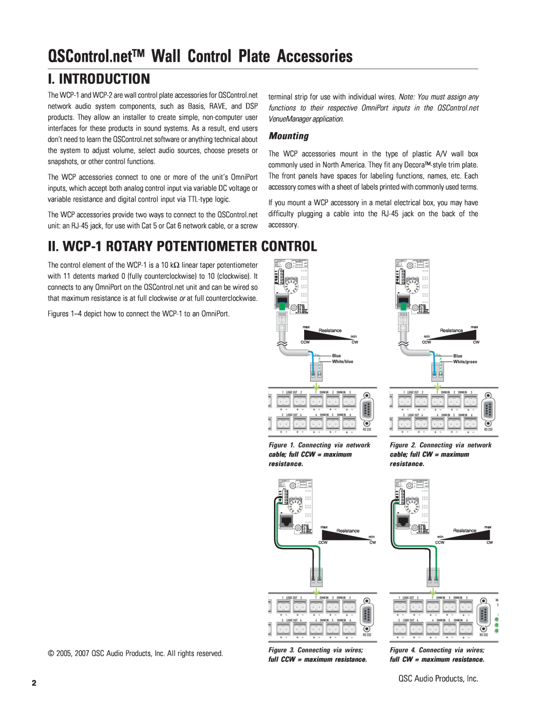 QSC Audio WCP-2 manual I. Introduction, II. WCP-1ROTARY POTENTIOMETER CONTROL, Mounting 
